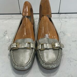 Coach, gold perf leather loafers with gold hardware. Size 9. Great condition.